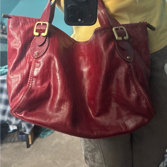 Vintage Frye leather zip tote satchel cherry red leather boho - Picture 15 of 16